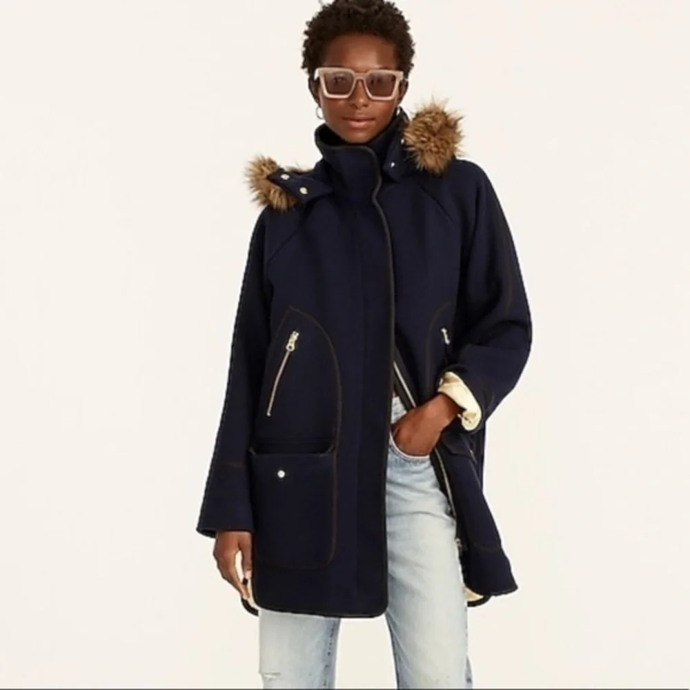 J. Crew summit Italian stadium cloth navy blue gold wool hooded parka coat 4